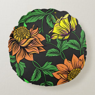 Helle Blumen platzen aus schwarzem Hintergrund Rundes Kissen
