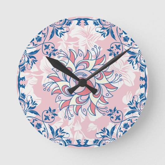Helle Blumenkunst, rosa Rangoli Helles Leben Runde Wanduhr (Vorderseite)