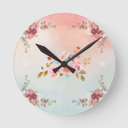 Helle Blumenkunst, rosa Vintage Blühend Blume Runde Wanduhr (Vorderseite)