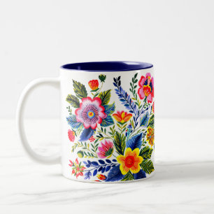 Helle Blumenmuster-Faux-Yarn-Stickerei Zweifarbige Tasse