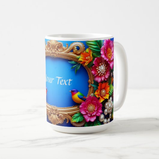 Helle Blumenrahmen mit farbigen Vögeln Kaffeetasse (VorderseiteRechts)