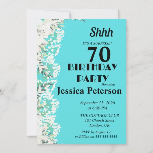 Helle Blumenüberraschung 70. Geburtstagsparty Einladung (Vorderseite)