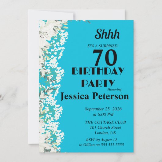 Helle Blumenüberraschung 70. Geburtstagsparty Einladung (Vorderseite)