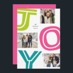 Helle bunt JOY fun drei Foto Weihnachten<br><div class="desc">Freuen Sie sich auf diese kühne, moderne und farbenfrohe Urlaubskarte. Dieses einzigartige festliche Design verfügt über drei Fotos rund um lustige und helle Briefe, die JOY schreiben. Diese coole Weihnachtskarte ist ideal für Fotos, Paare, Babys, Haustiere und vieles mehr. Die Rückseite ist ein passendes trendiges Rosa mit Flecken und enthält...</div>