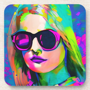 Helle Bunte Dame in Sonnenbrille Kunst Getränkeuntersetzer