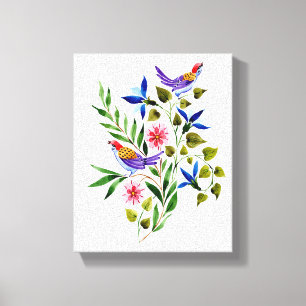 Helle bunte Vögel und Blumen Aquarell Leinwanddruck