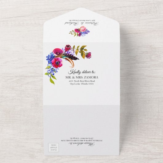 Helle Burgundy Floral Monogram Elegant Wedding All In One Einladung (Außenbereich)