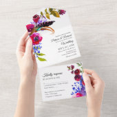 Helle Burgundy Floral Monogram Elegant Wedding All In One Einladung (Abreißen)