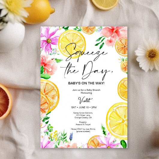 Helle Citrus Floral Baby Dusche Brunch Einladung