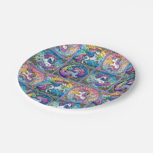 Helle Einhorn-Party-Teller - Set 2 Pappteller (Schrägansicht)