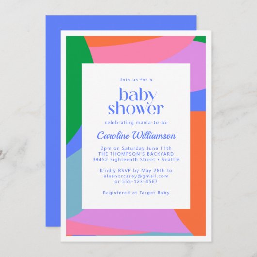 Helle, farbenfrohe Abstrakte Art Babydusche Einladung (Vorne/Hinten)