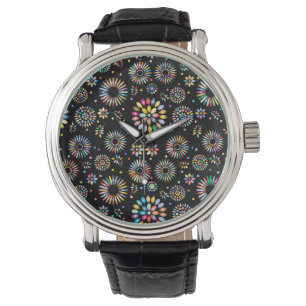 Helle farbenfrohe Blumenkreise auf Schwarz Armbanduhr