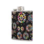 Helle farbenfrohe Blumenkreise auf Schwarz Flachmann (Links)
