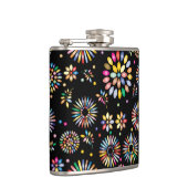 Helle farbenfrohe Blumenkreise auf Schwarz Flachmann (Rechts)