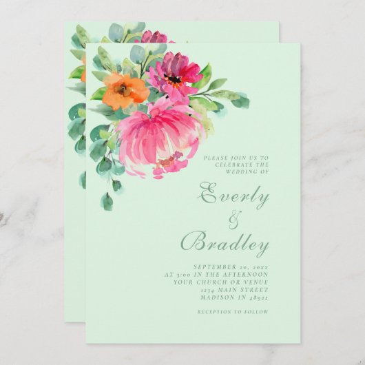 Helle farbenfrohe Blumenrosa Frühjahrssommer Hochz Einladung (Vorne/Hinten)
