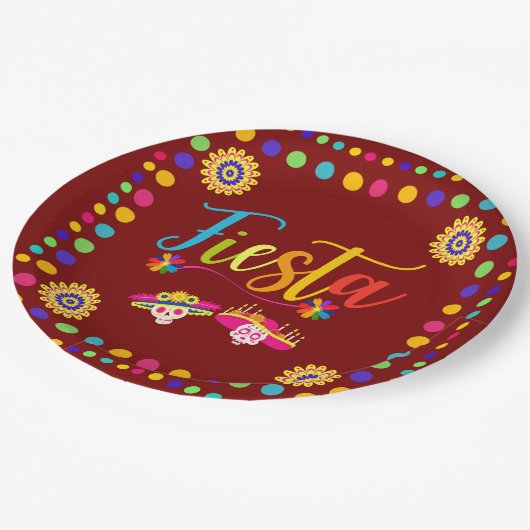 Helle, farbenfrohe Fiesta Spaß Pappteller (Schrägansicht)