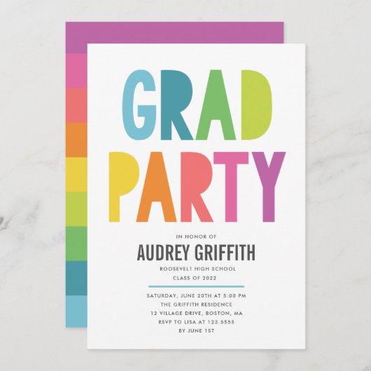 Helle, farbenfrohe Grad-Party Einladung (Vorne/Hinten)
