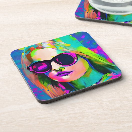 Helle farbenfrohe Lady in Sonnenbrille Art Getränkeuntersetzer (Linke Seite)