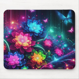 Helle, farbenfrohe Neon-Blume/Schmetterlinge Mousepad