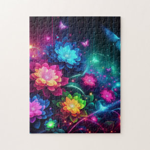 Helle, farbenfrohe Neon-Blume/Schmetterlinge Puzzle