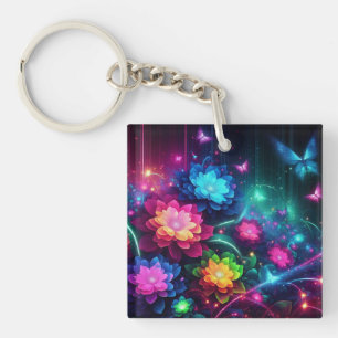 Helle, farbenfrohe Neon-Blume/Schmetterlinge Schlüsselanhänger