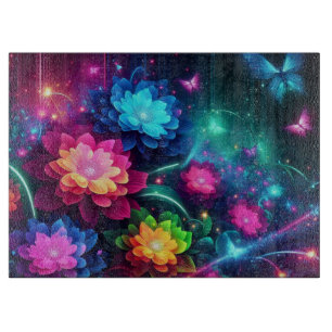 Helle, farbenfrohe Neon-Blume/Schmetterlinge Schneidebrett
