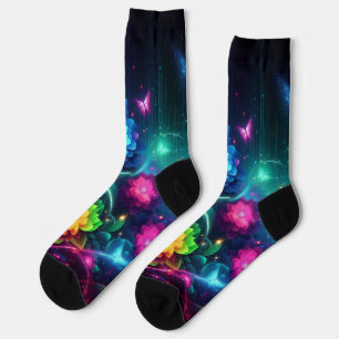 Helle, farbenfrohe Neonblumen/Schmetterlinge Socken