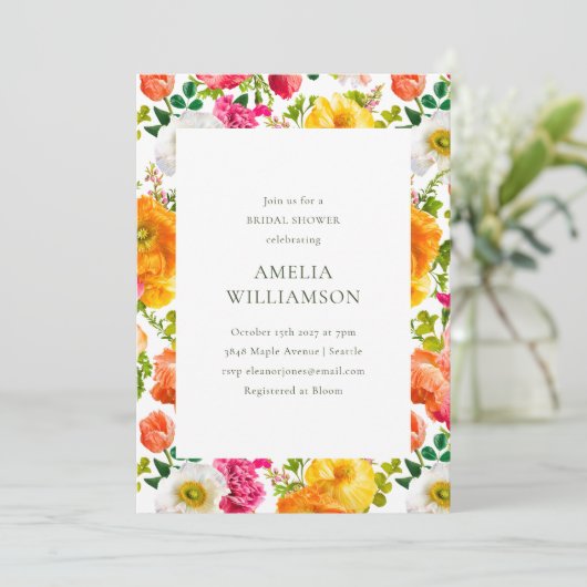 Helle, farbenfrohe Poppies Blumenblut Brautparty Einladung (Stehend Vorderseite)