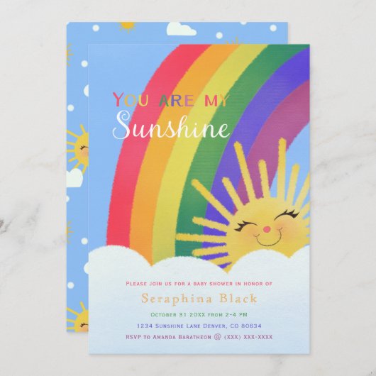 Helle, farbenfrohe Regenbogen Babydusche Einladung (Vorne/Hinten)