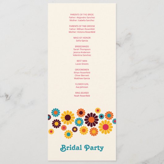 Helle farbenfrohe Retro Daisy Wedding Programm (Rückseite)