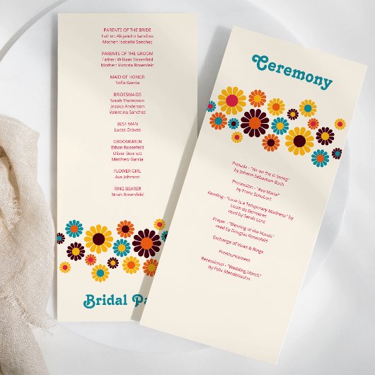Helle farbenfrohe Retro Daisy Wedding Programm