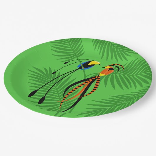 Helle, farbenfrohe Vögel des Paradieses Pappteller (Schrägansicht)