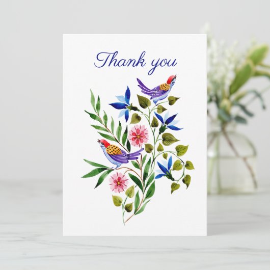Helle, farbenfrohe Vögel und Blume Dankeskarte (Stehend Vorderseite)