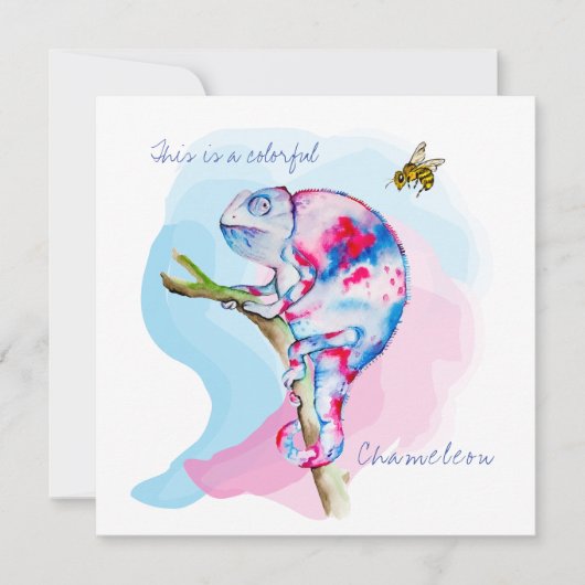 Helle, farbenfrohe Wasserfarbe Chamäleon und Biene Einladung (Vorderseite)