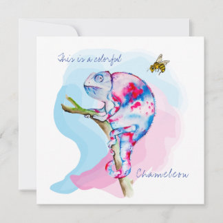 Helle, farbenfrohe Wasserfarbe Chamäleon und Biene Einladung