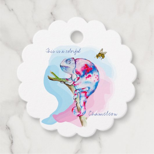 Helle, farbenfrohe Wasserfarbe Chamäleon und Biene Geschenkanhänger (Vorderseite)