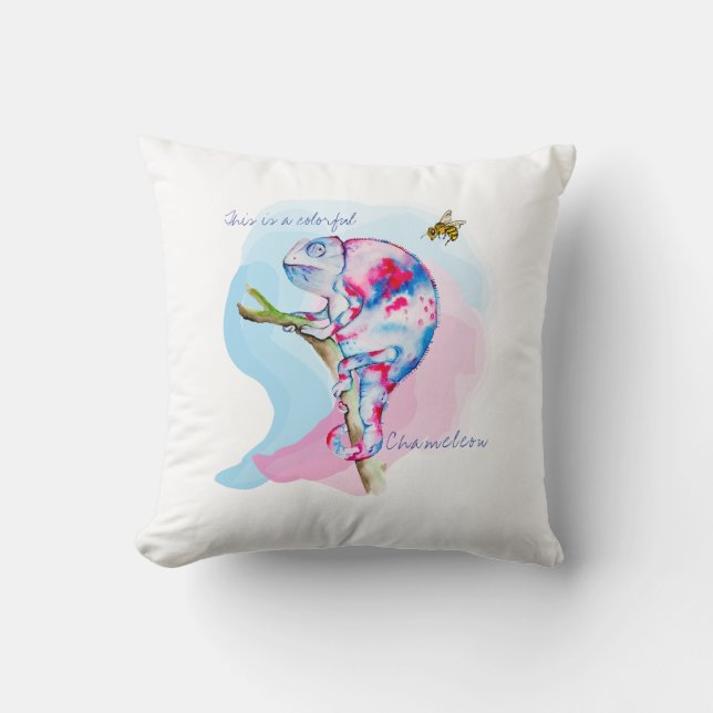 Helle, farbenfrohe Wasserfarbe Chamäleon und Biene Kissen (Vorderseite)