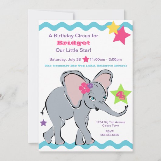 Helle farbige Girl Elephant Star Einladung (Vorderseite)