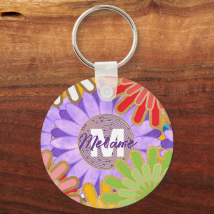 Helle Farbige Hippie-Blumenmuster Personalisiert Schlüsselanhänger