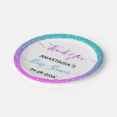 Helle Farbtupfer Blau Lila Danke Baby Dusche Pappteller (Schrägansicht)