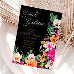 Helle, fette Blume Drehbuch Sweet 16 Folieneinladung<br><div class="desc">Elegante,  helle und kühne moderne Frühjahrs-Sommer-Blume Illustration mit hübscher,  überdimensionaler Blume und Pinselschrift süße 16 Geburtstagsfeier mit moderner Kalligrafie-Typografie mit leuchtend neonrosa,  orangefarbenen,  grünen und gelben Blumen mit echter Goldfolie auf einem bearbeitbaren schwarzen Hintergrund.</div>