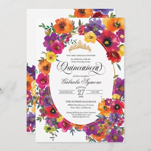 Helle Fiesta Blume Aquarell Flora Quinceañera Einladung (Vorne/Hinten)