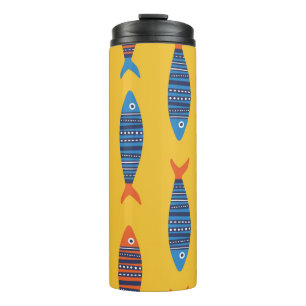 Helle Fische nahtlos. Handgezogene Seehandlung Thermosbecher