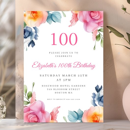 Helle Floral 100. Geburtstag Einladung