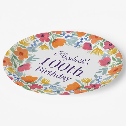 Helle Floral 100. Geburtstag Pappteller (Schrägansicht)