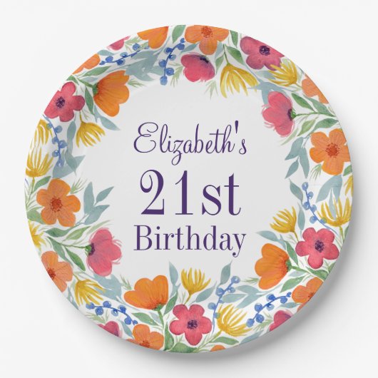 Helle Floral 21. Geburtstag Pappteller (Vorderseite)