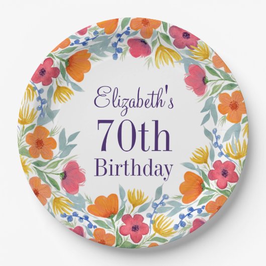 Helle Floral 70. Geburtstag Pappteller (Vorderseite)