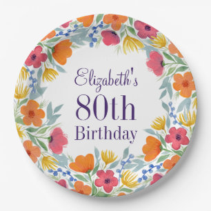 Helle Floral 80. Geburtstag Pappteller