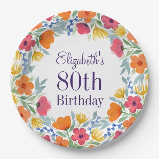 Helle Floral 80. Geburtstag Pappteller (Vorderseite)