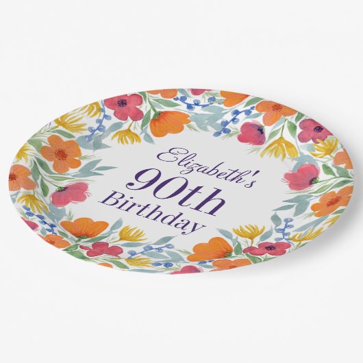 Helle Floral 90. Geburtstag Pappteller (Schrägansicht)